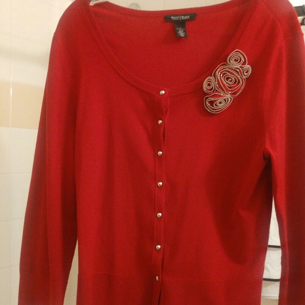 WHBM Red Cardigan with flowers.
