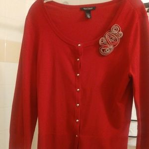 WHBM Red Cardigan with flowers.