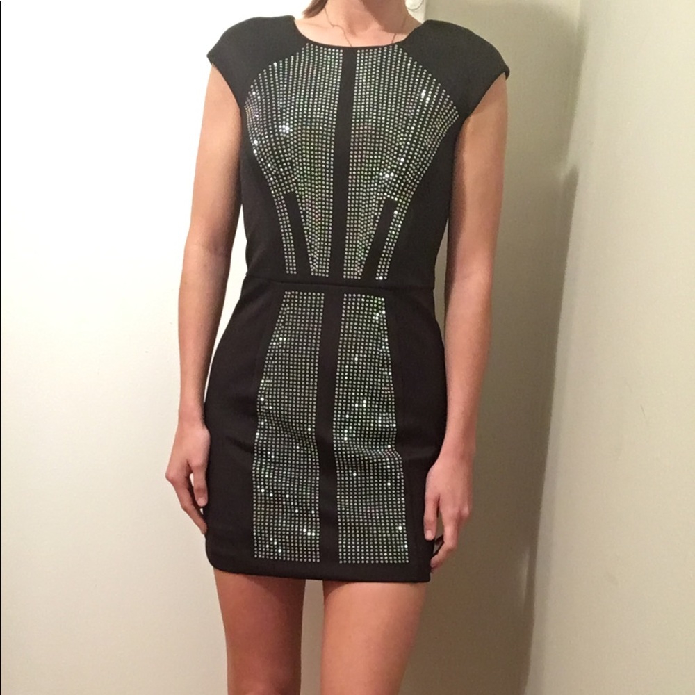 black bebe dress with silver accents