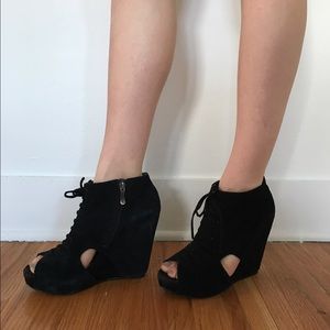 Black Lace-Up Wedges with Cutouts