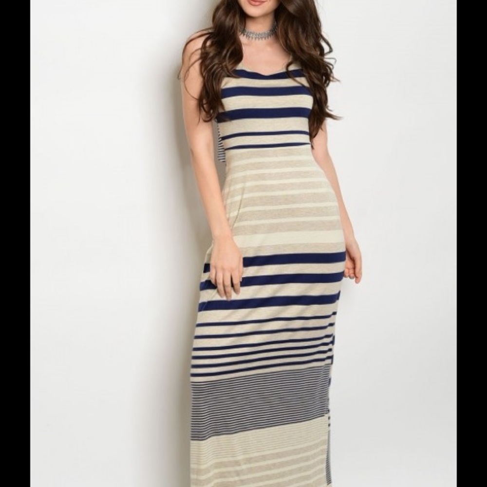 LAST ONE Trendy Navy Cream Tan Stripe Maxi Dress - Picture 1 of 7