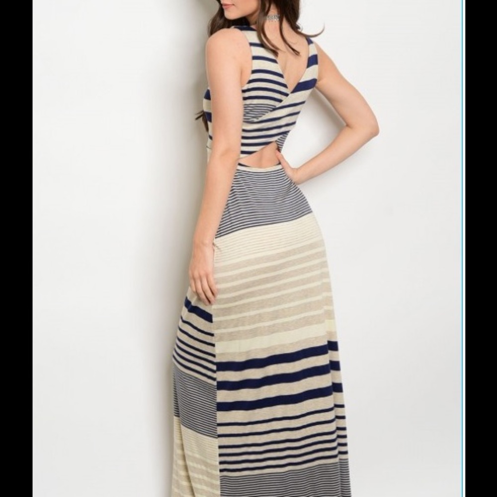 LAST ONE Trendy Navy Cream Tan Stripe Maxi Dress - Picture 2 of 7