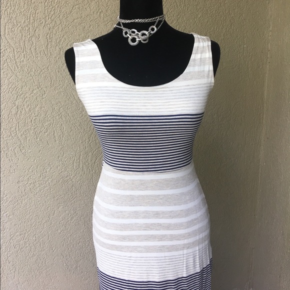 LAST ONE Trendy Navy Cream Tan Stripe Maxi Dress - Picture 3 of 7