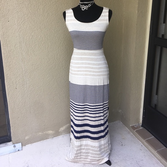 LAST ONE Trendy Navy Cream Tan Stripe Maxi Dress - Picture 5 of 7