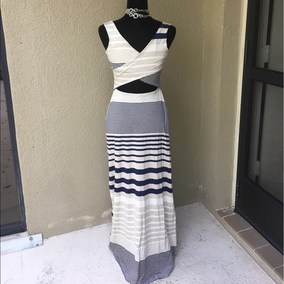 LAST ONE Trendy Navy Cream Tan Stripe Maxi Dress - Picture 6 of 7