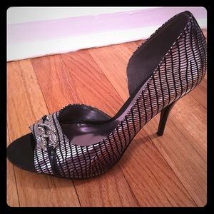 silver and black carlos santana stilettos