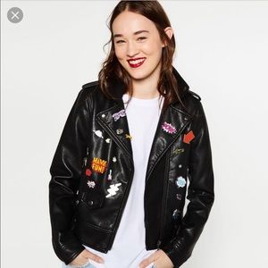 ZARA FAUX BADGE BIKER LEATHER JACKET
