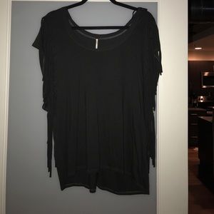 Free people grey top with fringe on sleeves