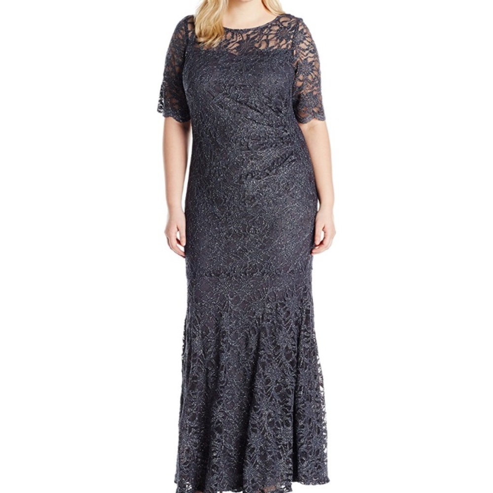 gray shiny maxi length quarter sleeved lace dress - Picture 2 of 5