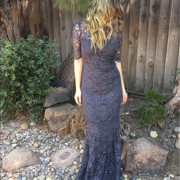 Xscape Dresses & Skirts - gray shiny maxi length quarter sleeved lace dress