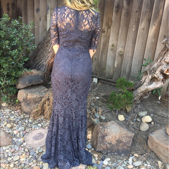 gray shiny maxi length quarter sleeved lace dress - Picture 5 of 5