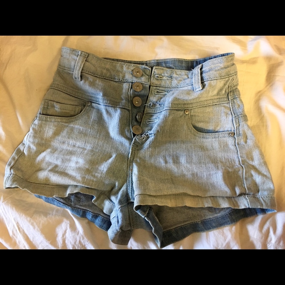 High waisted light denim shorts
