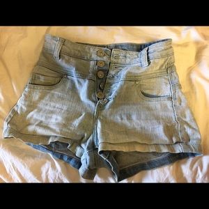 High waisted light denim shorts