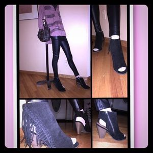 Sugar, Leta black fringy heeled peep toe/heel boot