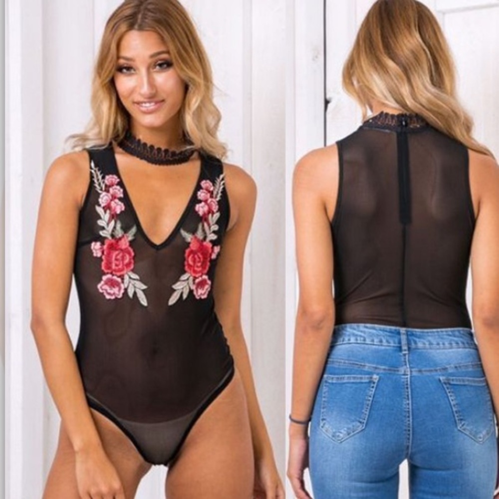 Sheer rose embroidered bodysuit size medium