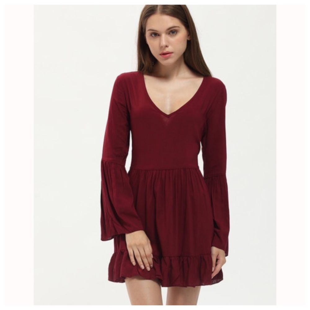 Burgundy Long Sleeve Ruffle Dress