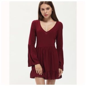 Burgundy Long Sleeve Ruffle Dress