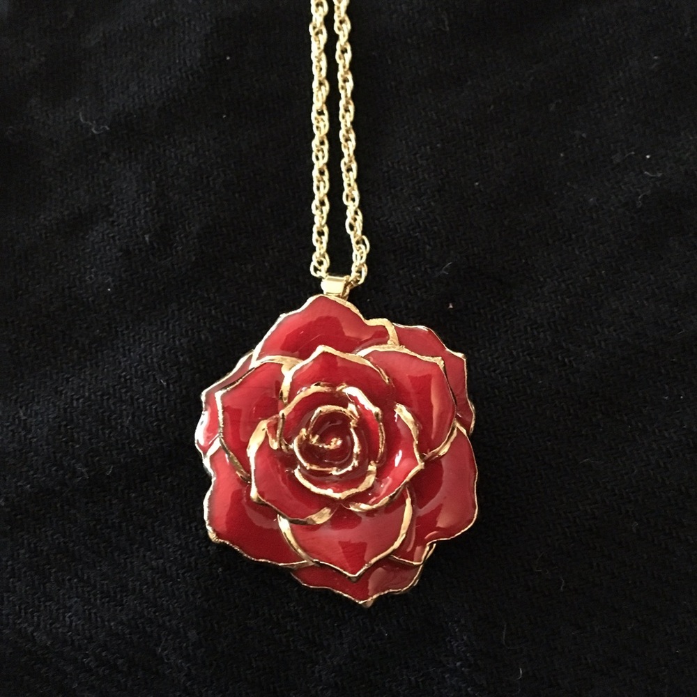 Red Rose Necklace with Gold tone chain