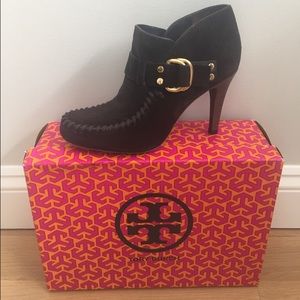 Tory Burch dark brown suede heeled booties