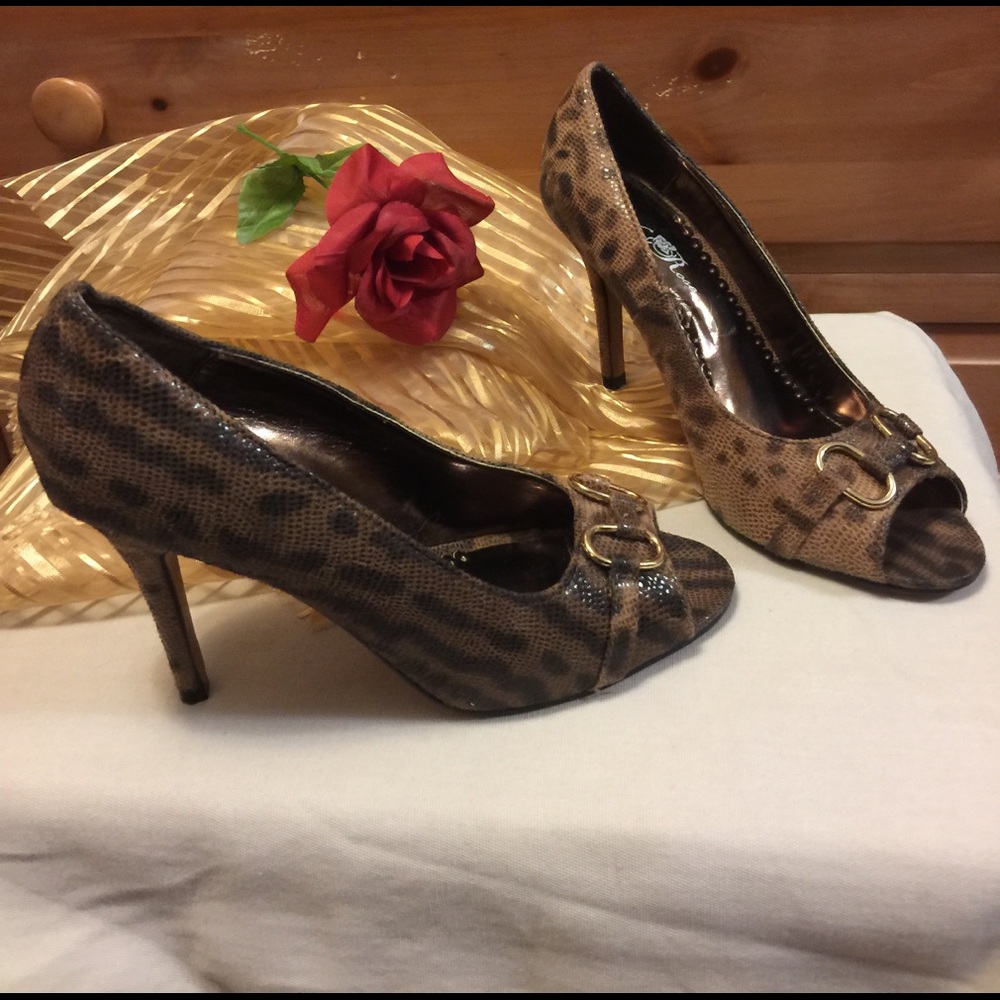 Wild Rose Faux Snakeskin Open Toe Brown Heels