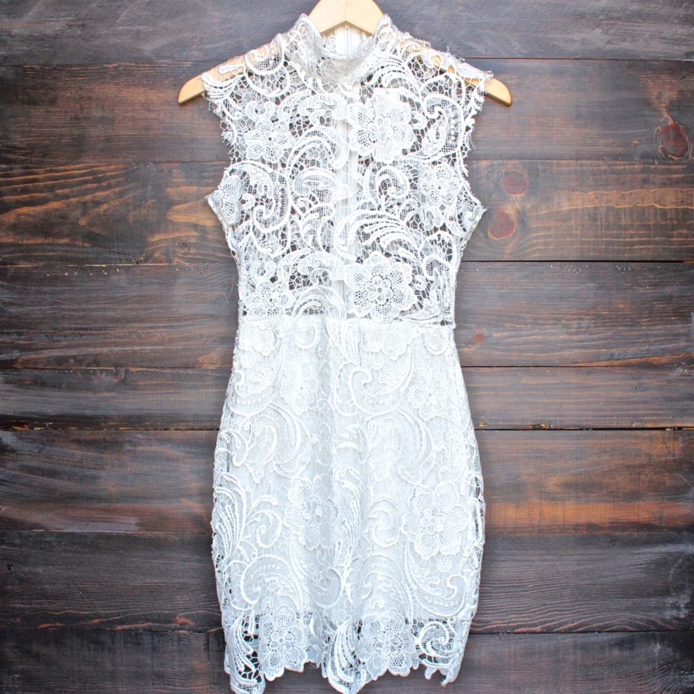 White lace high collar bodycon dress