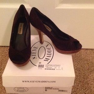 Steve Madden brown suede peep toe heels.