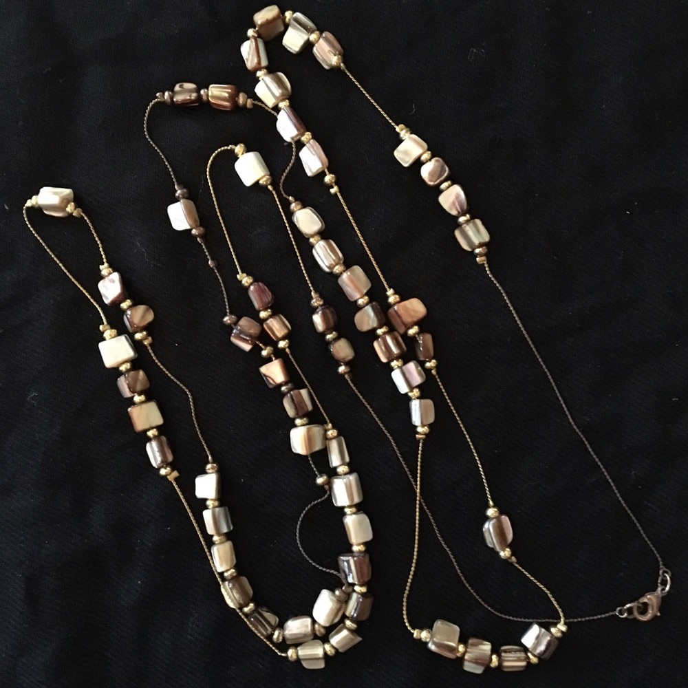 Long Square Brown Beaded Gold tone Necklace