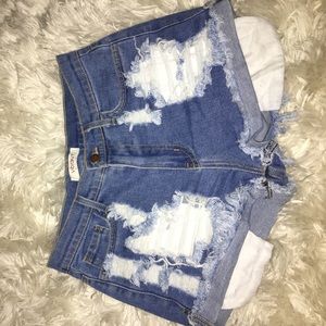 High waist distressed denim shorts