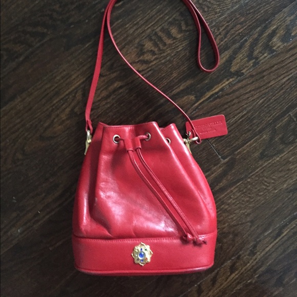 Vintage Handbags - Boho red leather drawstring cross body handbag