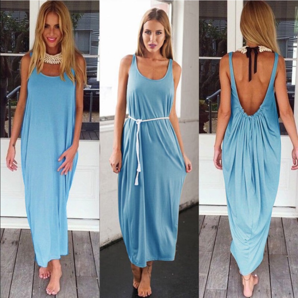 NWT BLUE BOHO  BACKLESS MAXI DRESS