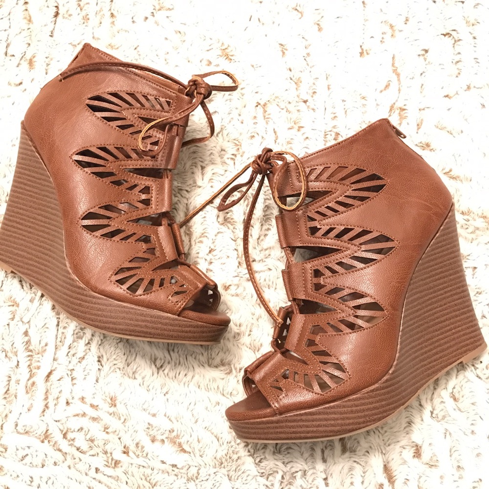Brown Lace Up Laser Cut Wedges Size 9