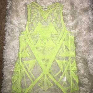 Neon green and sheer coverup.