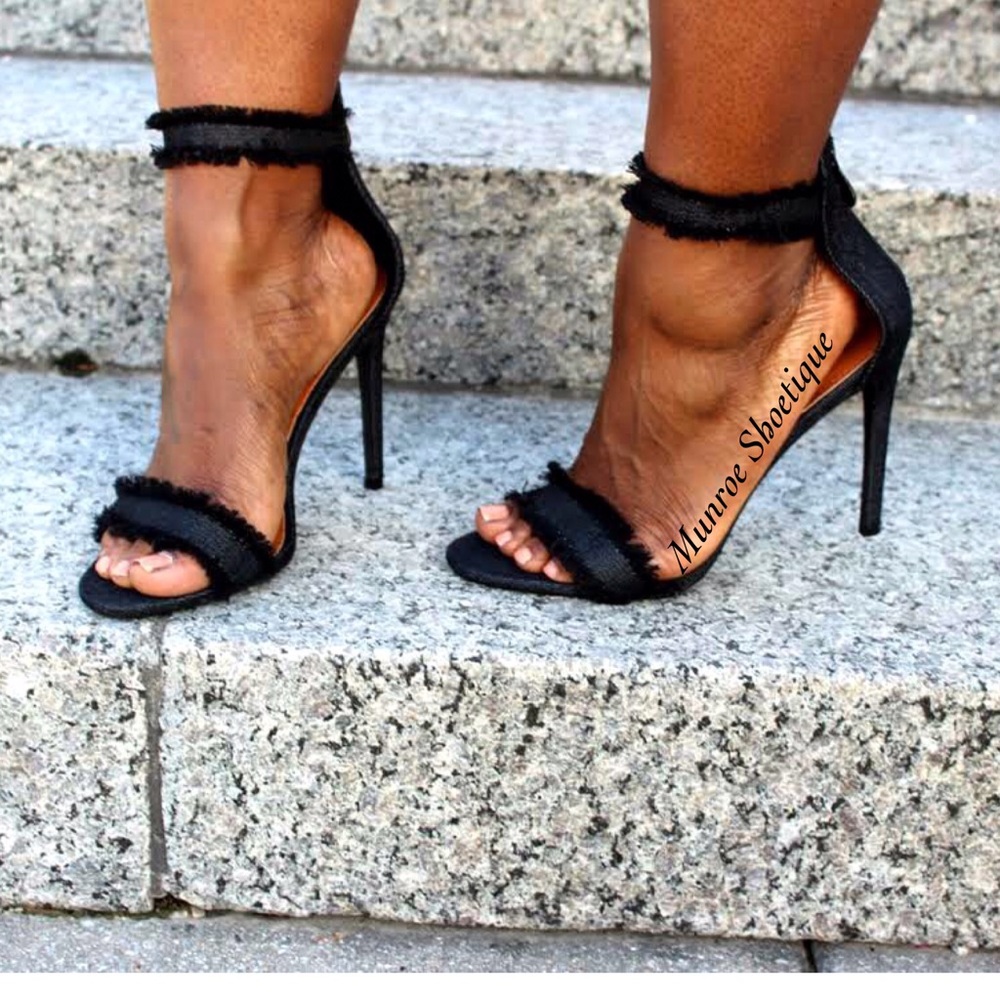 Black Denim Ankle Strap Heel Sandals
