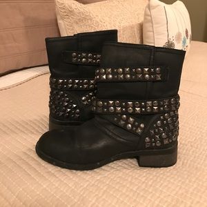 Black faux leather boots with rocker/punk detail