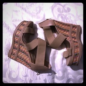 Colorful wedges with tan straps