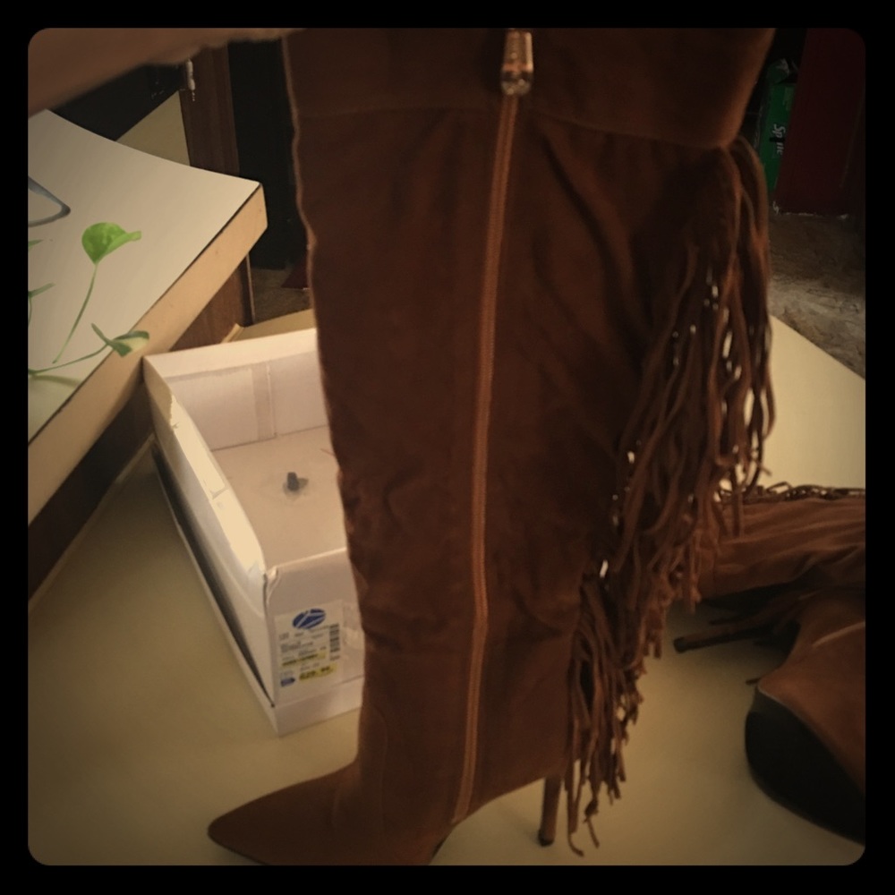 Brown Fringed knee high boots
