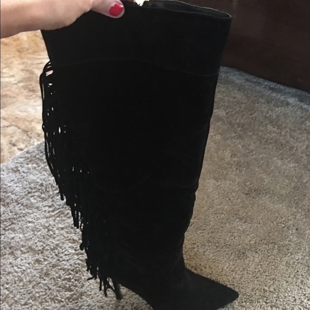 Tall Black Fringe Knee High Boots