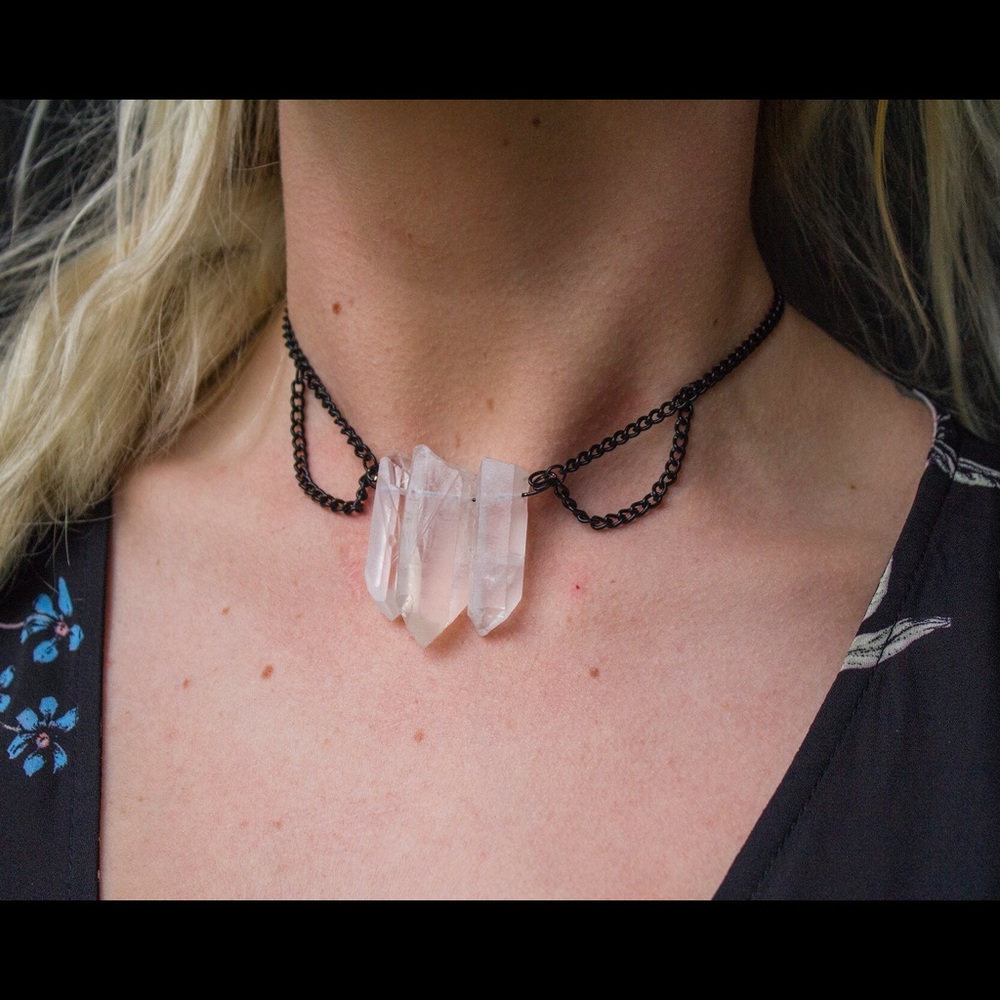 Handmade Raw Quartz & Black Chain Choker Necklace