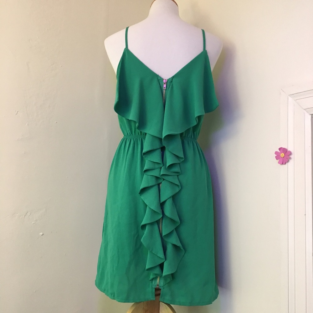 🎉4xHP🎉 Green 👗 Gold Zipper & Cascading Ruffles