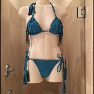 NEW Faith Love Hope Teal Brown Fringe Swimsuit Med