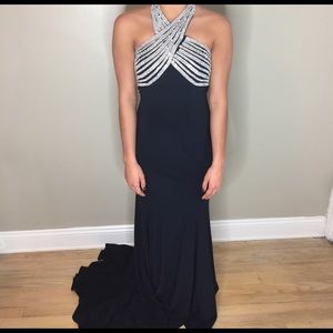 Navy Crystal Jeweled Halter Formal Dress