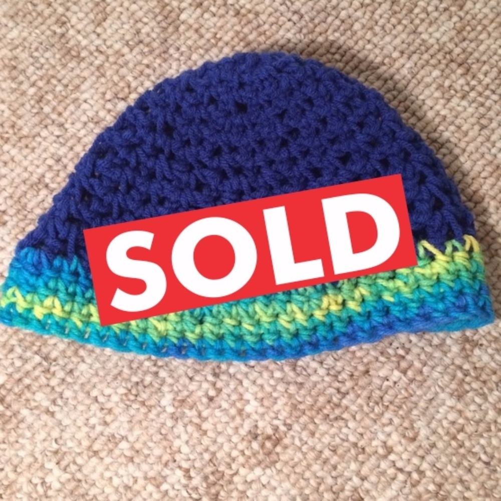Blue & green hand knitted beanie