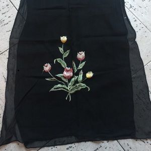 Vintage Black Crepe Flowered Long Scarf