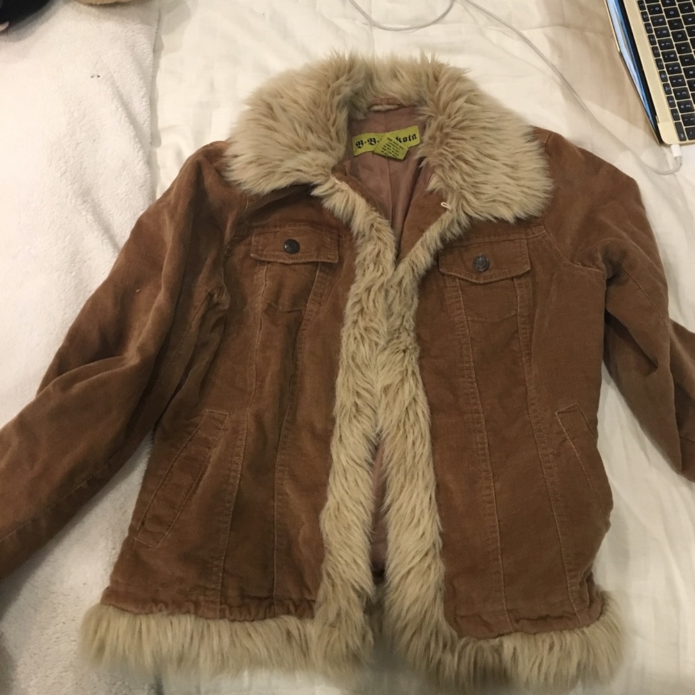 Brown jean jacket style jacket with fur