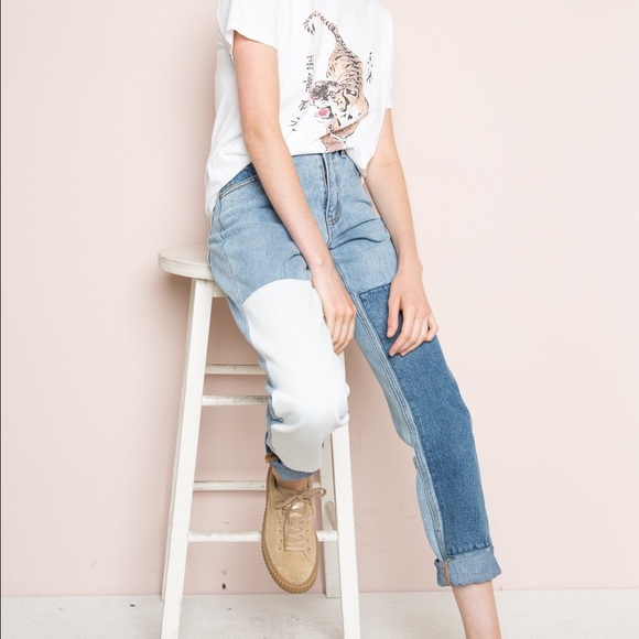 different color patch jeans