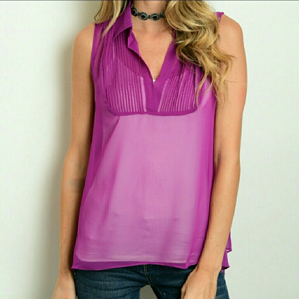 Pintuck Chiffon Top w/ Collar S/M/L Purple