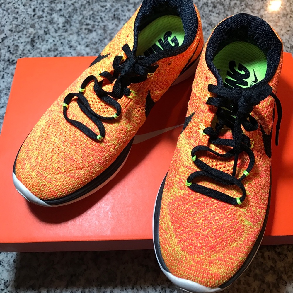 Orange Nike Flyknit Lunar 3 running shoes 6.5