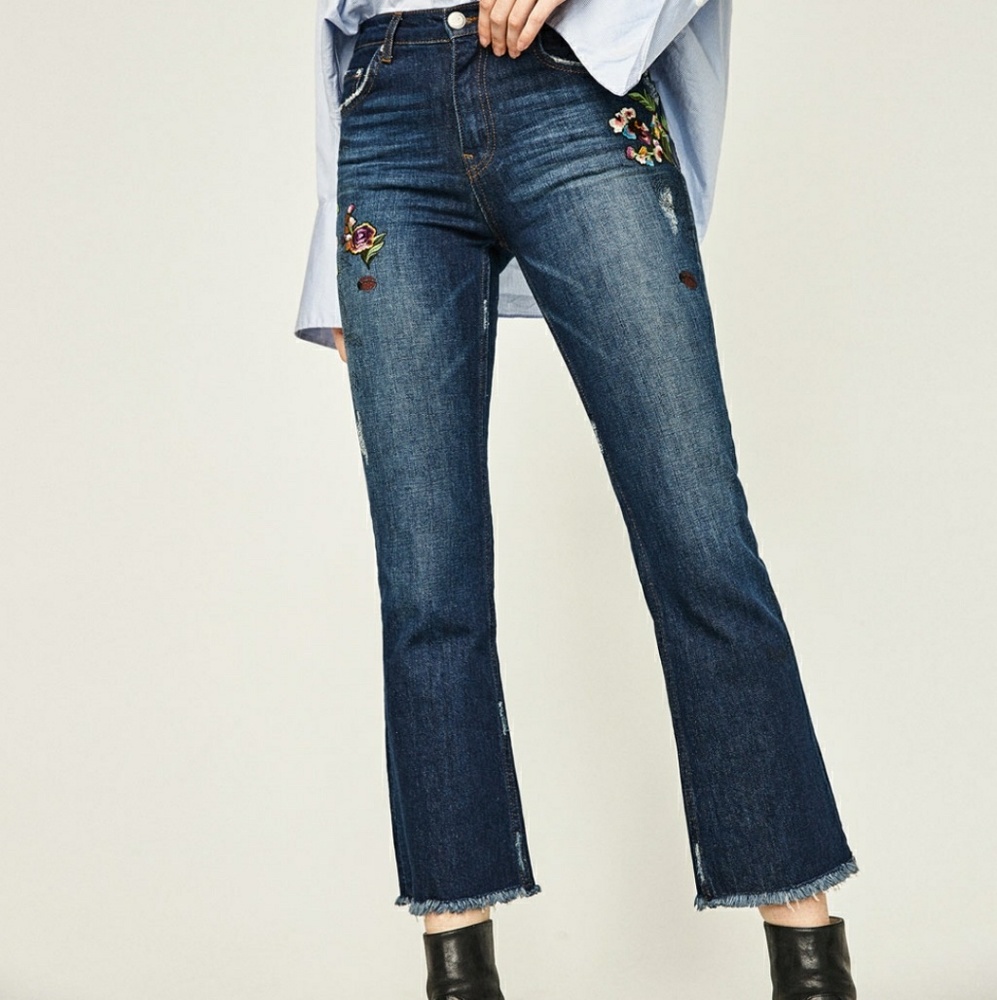 Zara embroided cropped jeans