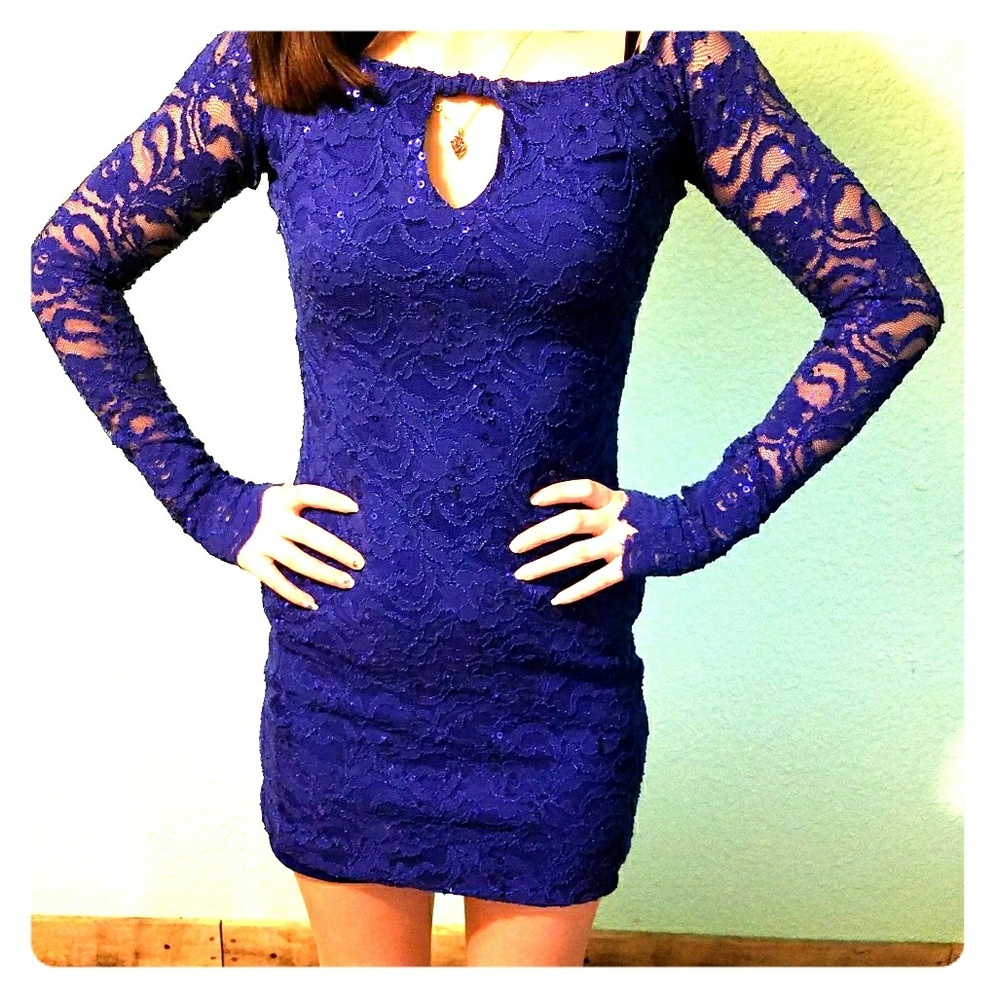Dark blue lace, long sleeve dress.