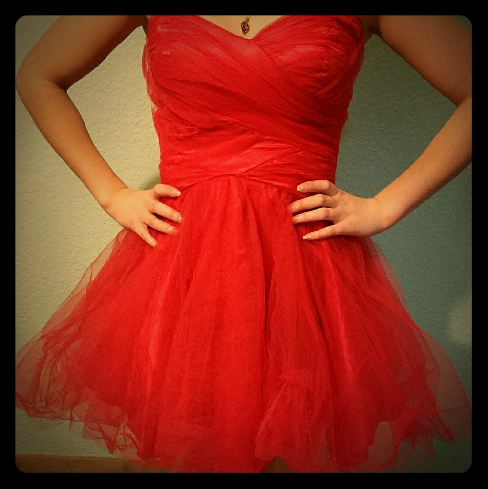 Red strapless cocktail dress